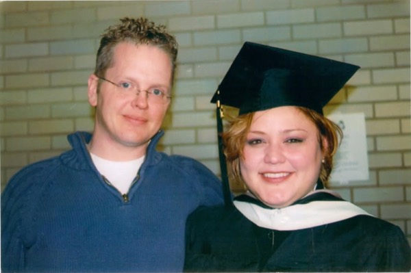 Faye in cap and gown at her graduation with Jim